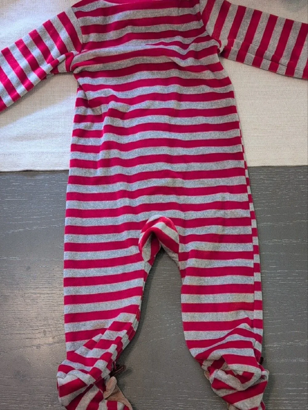Pink & Gray Striped Kids One-Piece Footed Pajamas with Deer Applique